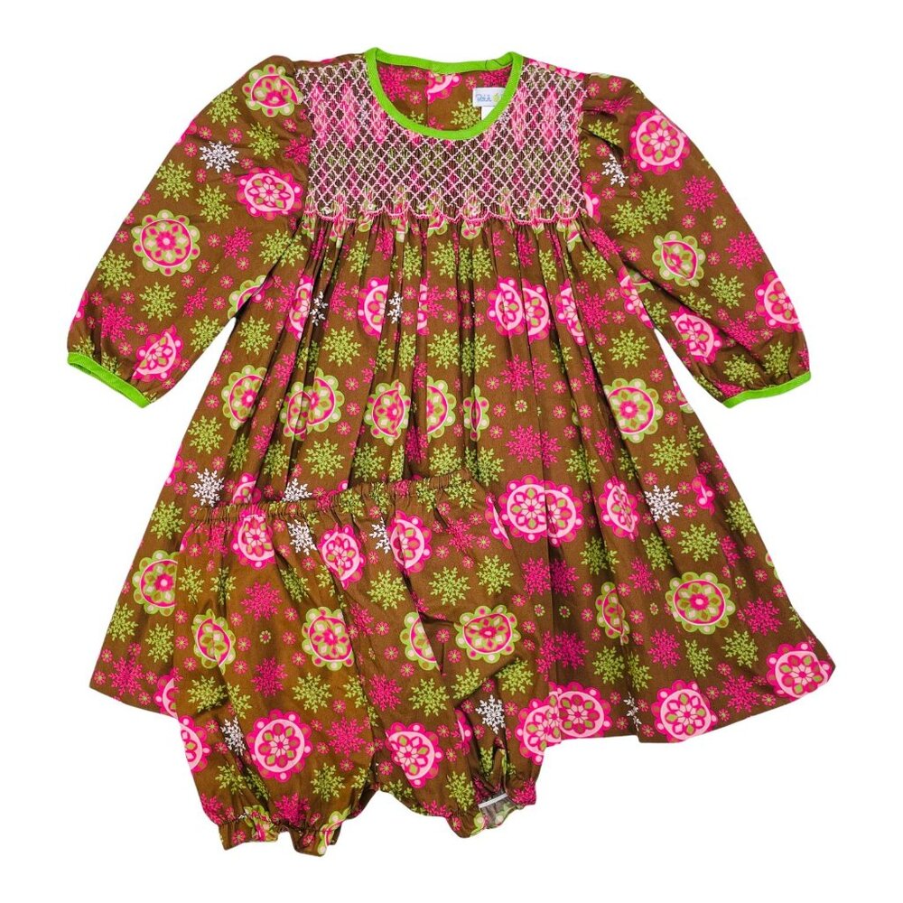 Petit Pomme Floral Long Sleeve Smocked Dress + Bloomers Set Outfit 24m +